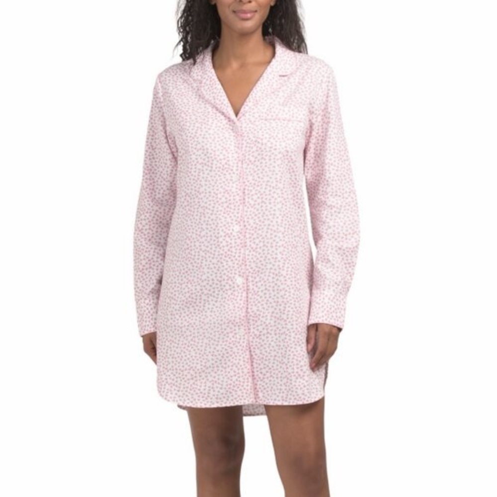 Petite Plume Women's Twill Nightshirt in Sweethearts White Pink Size Medium